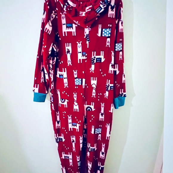 Munki Munki Plush One Piece Red Llama Zip Fleece Pajamas Small Hooded Onesie - Picture 3 of 7